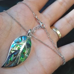 Real Abalone Sterling Silver Leaf Pendant Necklace